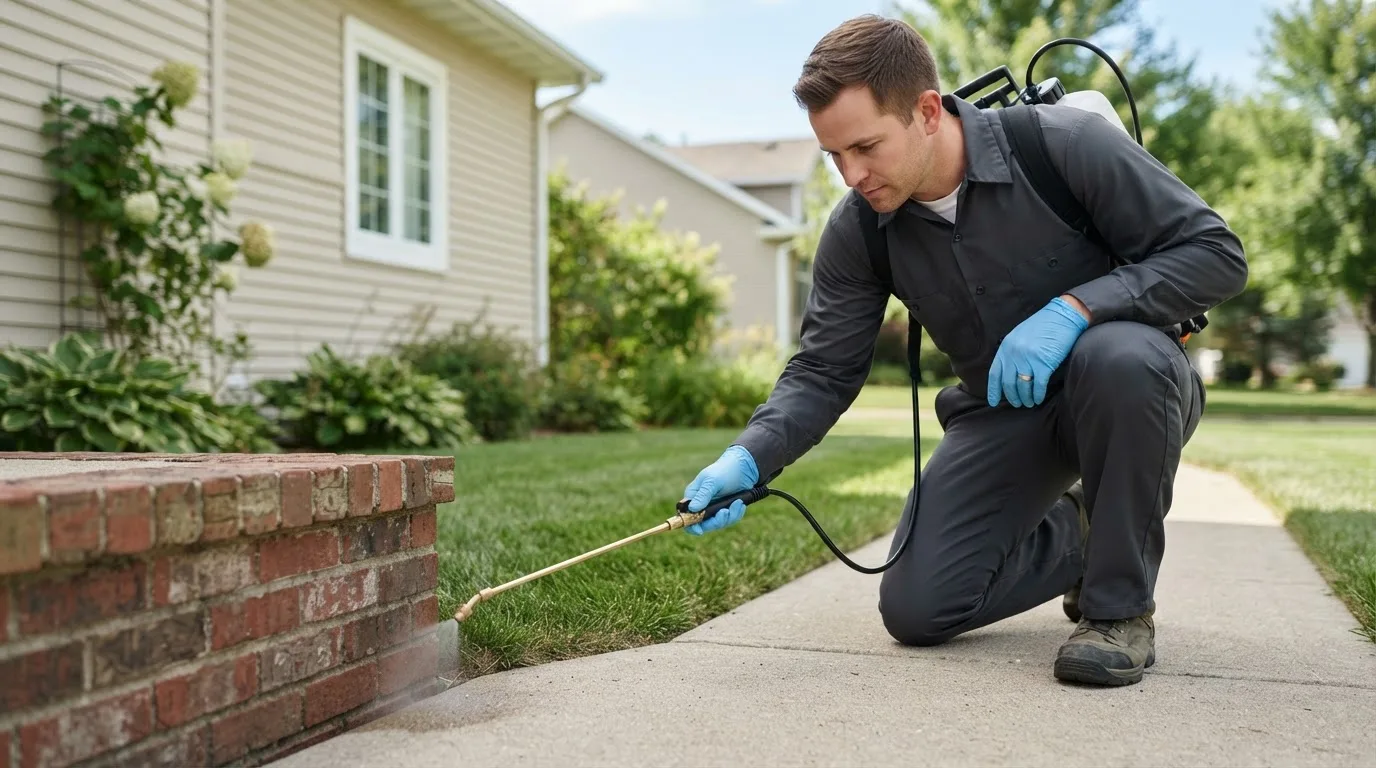 Pest control technician treating a home near Alanreed, TX