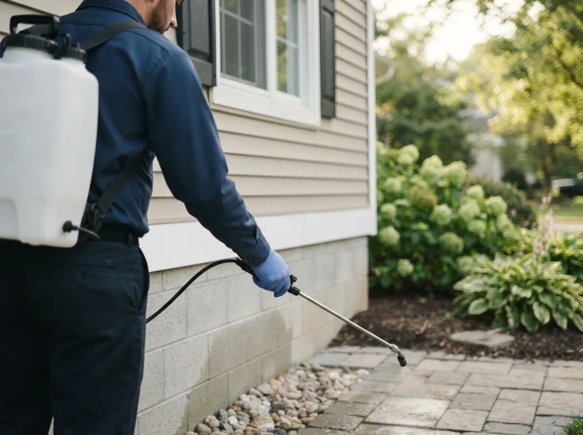 Pest control technician inspecting a home in Alanreed, TX